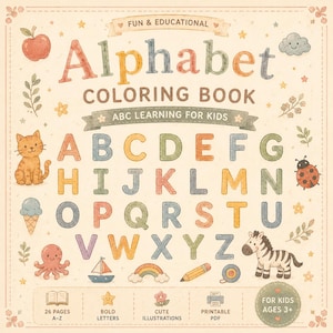Könnte beinhalten: Ein Alphabet-Malbuch für Kinder mit dem Titel "Alphabet Coloring Book" und dem Text "ABC Learning for Kids". Das Buch zeigt das Alphabet in bunten Buchstaben sowie niedliche Illustrationen einer Katze, eines Eis und eines Zebras.