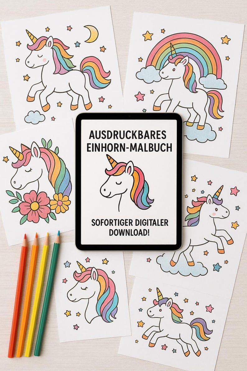 Op de afbeelding: Kleurplaten met eenhoorns, regenboogmanen, sterren en regenbogen. Een tablet toont de tekst "AUSDRUCKBARES EINHORN-MALBUCH SOFORTIGER DIGITALER DOWNLOAD!" en kleurpotloden op een licht houten oppervlak.