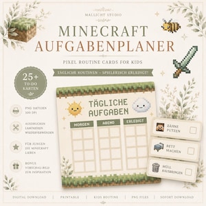 Könnte beinhalten: Ein digitaler Download eines Minecraft-Themen-Tagesablaufplans für Kinder. Das Design zeigt pixelige Grafiken, darunter eine Sonne, eine Wolke und ein Schwert. Die Tabelle enthält Abschnitte für Morgen, Abend und erledigte Aufgaben.
