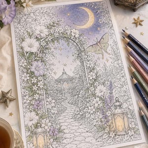 May include: A rectangular coloring page illustration featuring a stone path leading through a floral archway to a gazebo. The scene includes a crescent moon, a moth, and two lanterns. The artwork is rendered in soft shades of purple, green, and white.