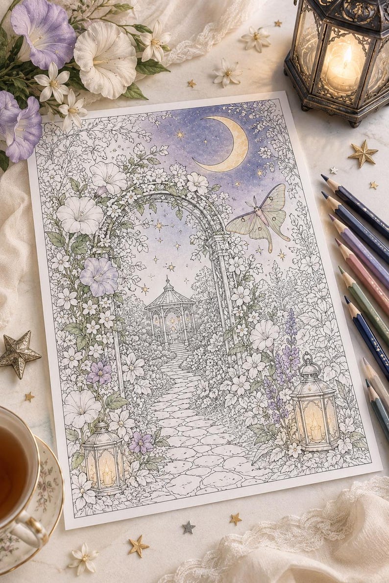May include: A rectangular coloring page illustration featuring a stone path leading through a floral archway to a gazebo. The scene includes a crescent moon, a moth, and two lanterns. The artwork is rendered in soft shades of purple, green, and white.