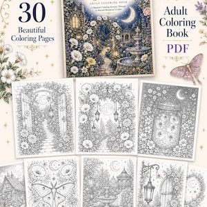 Moonlit Summer Garden Coloring Book PDF, Celestial Botanical Adult Coloring Pages, Printable Download image 3