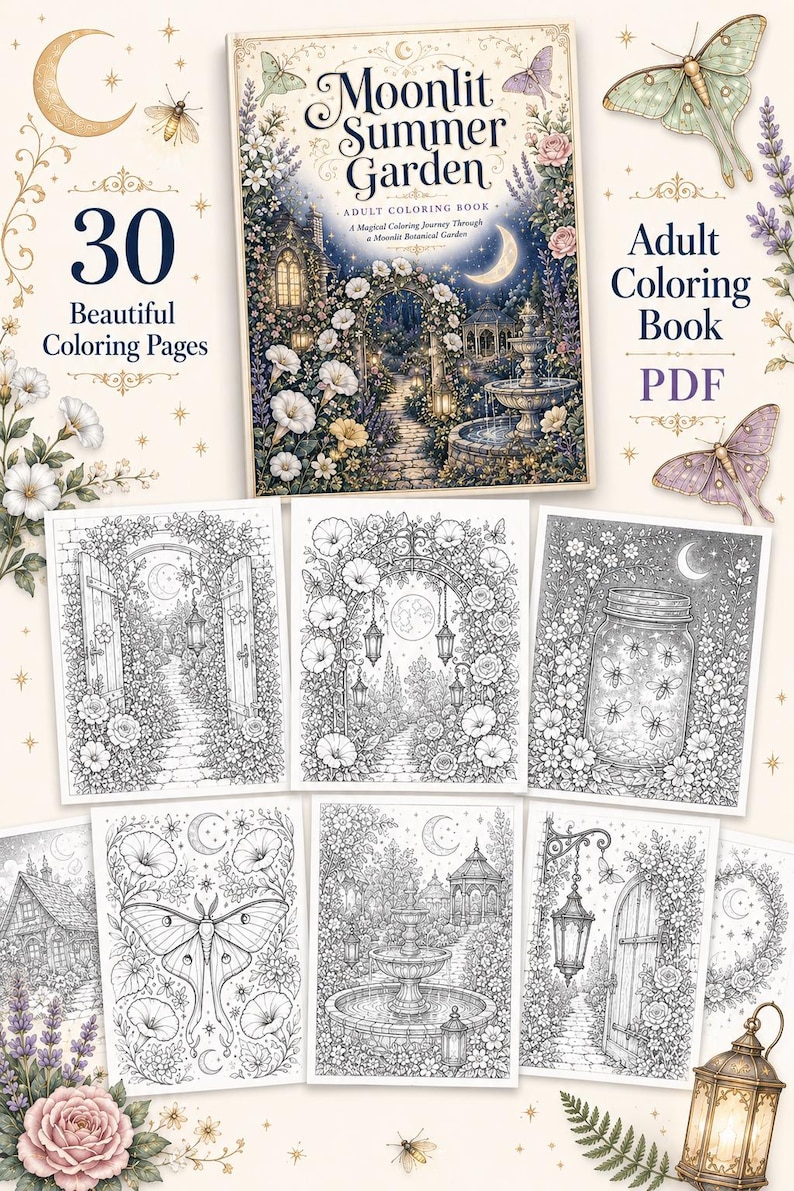 Moonlit Summer Garden Coloring Book PDF, Celestial Botanical Adult Coloring Pages, Printable Download image 3