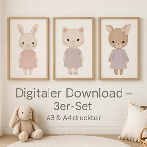Set of 3 Nursery Posters for Girls – Scandinavian Animal Wall Art – A3 & A4 Digital Download – Bunny, Cat, Deer Print