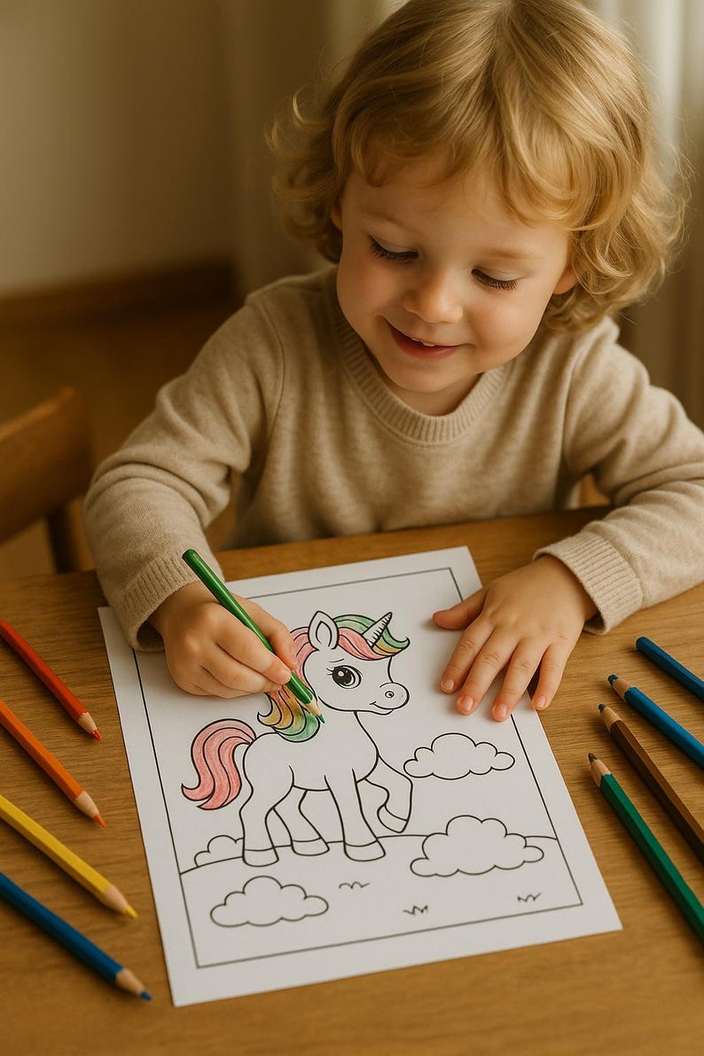 Op de afbeelding: Een kind kleurt een eenhoorntekening met een groene kleurpotlood. De eenhoorn heeft een regenboogmanen en -staart. Er liggen verschillende kleurpotloden op de houten tafel. Het kind draagt een beige trui.
