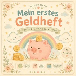 Könnte beinhalten: Kinderbuchcover mit einem rosa Sparschwein, Münzen und einem Regenbogen. Der Titel "Mein erstes Geldheft" ist in großen Buchstaben dargestellt, mit zusätzlichem Text, der darauf hinweist, dass das Buch das Sparen und den Umgang mit Geld lehrt. Blumen- und Wolkenillustrationen umgeben den Text.