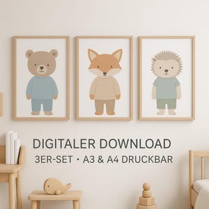 Set of 3 Nursery Posters for Boys – Scandinavian Animal Wall Art – Digital Download A3 & A4 Printable – Bear, Fox, Hedgehog