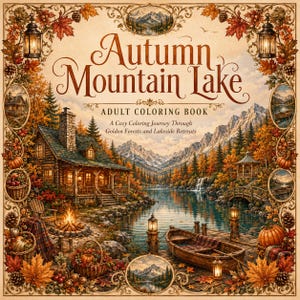 Könnte beinhalten: Ein Malbuch für Erwachsene mit dem Titel Autumn Mountain Lake, das eine detaillierte Illustration einer Blockhütte am See zeigt, umgeben von Herbstlaub, Kürbissen, Laternen und einem Holzboot, eingerahmt von einer dekorativen Bordüre mit saisonalen Motiven.