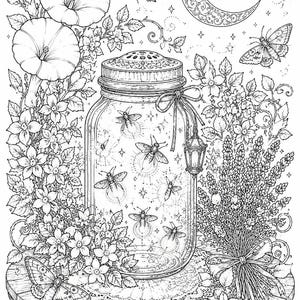 May include: A black and white line art illustration featuring a glass jar filled with glowing fireflies, resting on a round table. The scene is surrounded by morning glory flowers, lavender, butterflies, and a crescent moon in the night sky.