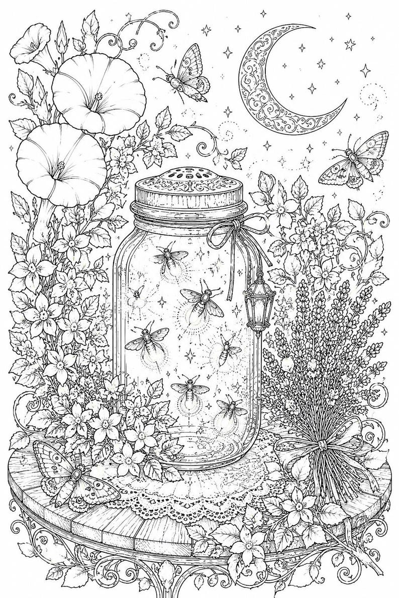 May include: A black and white line art illustration featuring a glass jar filled with glowing fireflies, resting on a round table. The scene is surrounded by morning glory flowers, lavender, butterflies, and a crescent moon in the night sky.