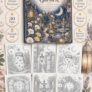 May include: A rectangular adult coloring book titled Moonlit Summer Garden featuring a night scene with a stone fountain, flowers, and a crescent moon. Below are six black and white line art pages showing garden scenes, including jars, a fountain, and archways.