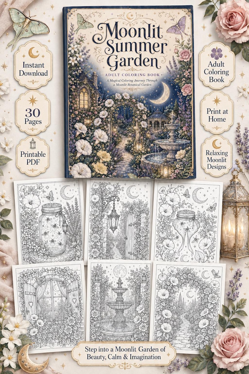 May include: A rectangular adult coloring book titled Moonlit Summer Garden featuring a night scene with a stone fountain, flowers, and a crescent moon. Below are six black and white line art pages showing garden scenes, including jars, a fountain, and archways.