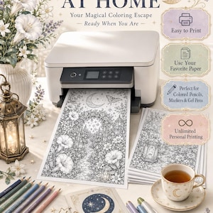 May include: A white printer outputting a black and white coloring page featuring a garden archway, moon, and stars. The image includes text reading PRINT AT HOME, Your Magical Coloring Escape, Ready When You Are, Easy to Print, Use Your Favorite Paper, Perfect for Colored Pencils, Markers & Gel Pens, Unlimited Personal Printing, and No Physical Product - Instant Download.