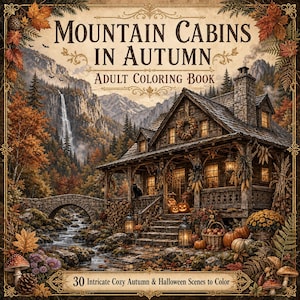 Autumn Mountain Cabin Coloring Book for Adults, Cozy Halloween Scenes, Printable A4 PDF