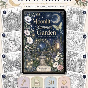 May include: A digital coloring book titled Moonlit Summer Garden featuring 30 pages of intricate botanical and night-themed illustrations. The display shows a tablet with a central cover image surrounded by eight black and white sample pages.
