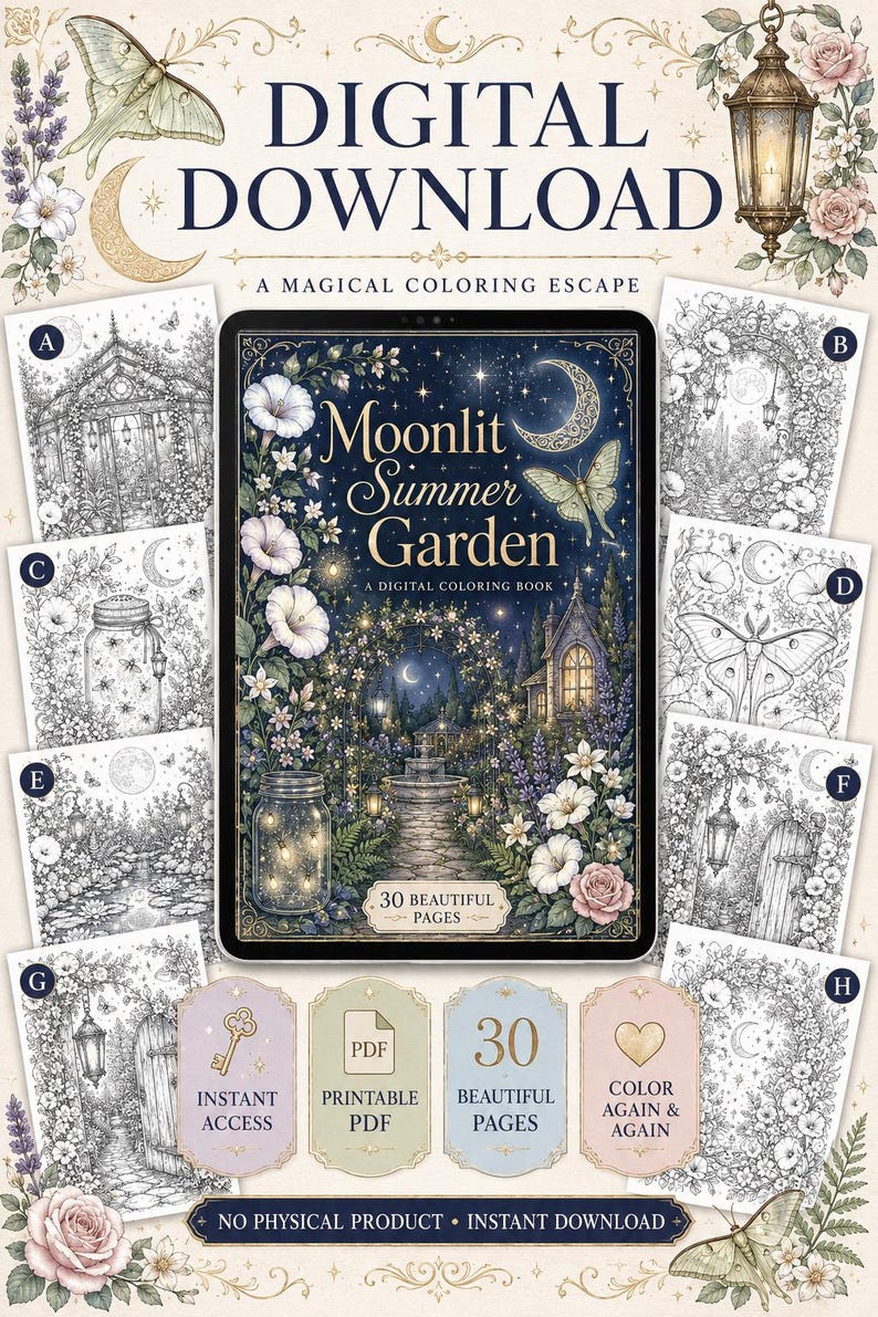 May include: A digital coloring book titled Moonlit Summer Garden featuring 30 pages of intricate botanical and night-themed illustrations. The display shows a tablet with a central cover image surrounded by eight black and white sample pages.