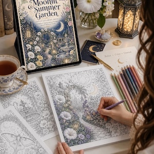 May include: A tablet displaying the Moonlit Summer Garden adult coloring book cover, alongside printed coloring pages featuring garden scenes with fountains and moths. A hand uses a colored pencil to fill in a detailed garden illustration.