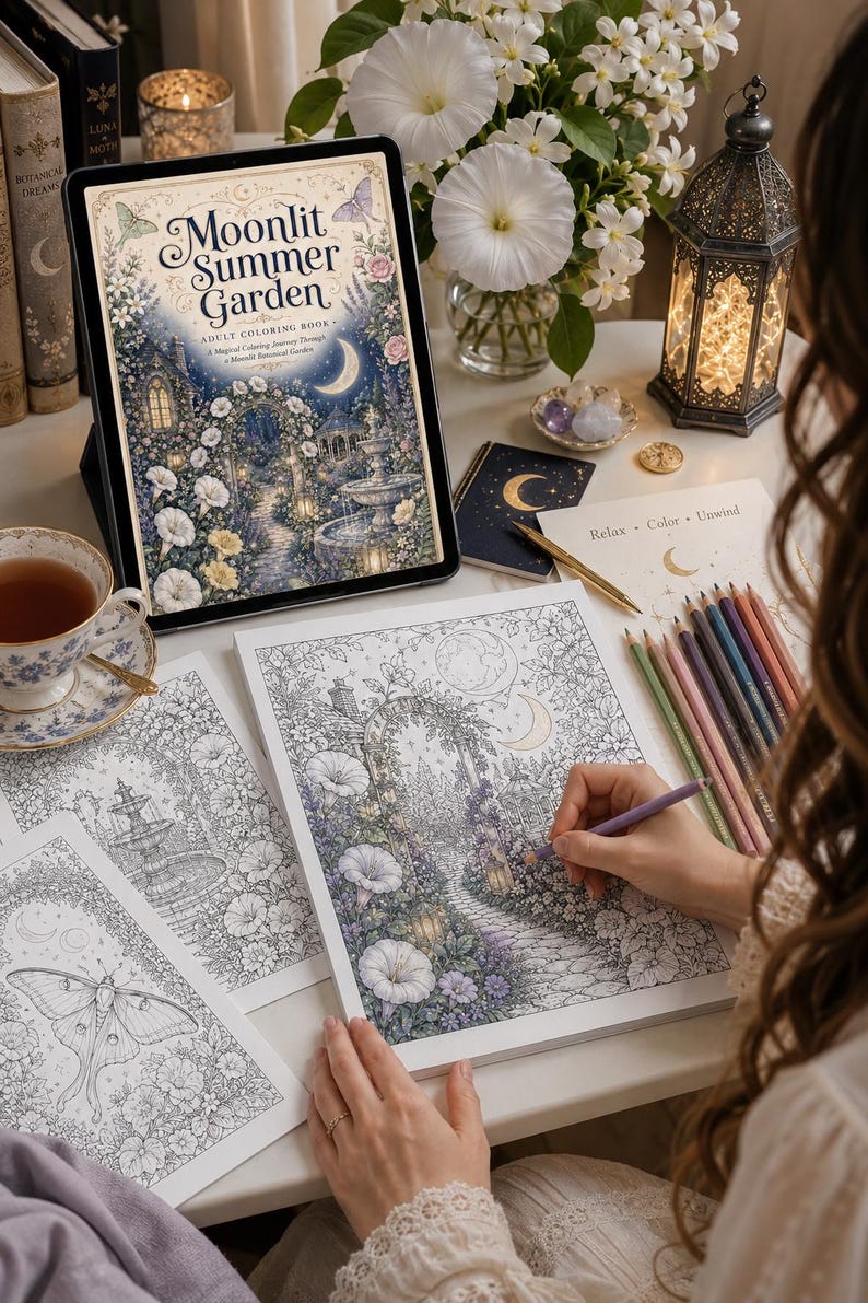 May include: A tablet displaying the Moonlit Summer Garden adult coloring book cover, alongside printed coloring pages featuring garden scenes with fountains and moths. A hand uses a colored pencil to fill in a detailed garden illustration.