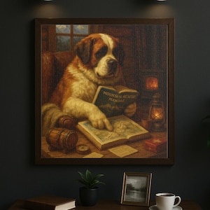 Legpuzzel voor honden 120, 252, 500 stukjes Sint-Bernard – Leeskaart van de bergreddingsgids | Fotorealistische olieverfschilderij | Cadeau voor hondenliefhebber
