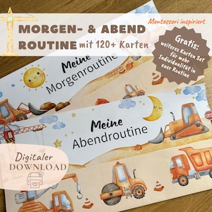 Morgen- Abendroutine für Kinder, Routineplan Montessori, Routinekarten, digitaler download, PDF zum ausdrucken, Routine Bagger, Tagesplan