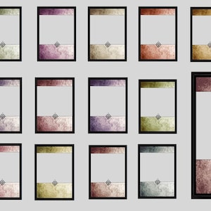 Puede incluir: Un conjunto de 17 tarjetas en blanco personalizables con una variedad de degradados de color. Cada tarjeta tiene un borde negro y un pequeño diseño intrincado en el centro. Las tarjetas son perfectas para crear tus propios diseños únicos.