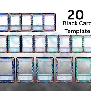Op de afbeelding: Een verzameling van 20 zwarte kaarttemplates met sierlijke randen in verschillende kleuren, waaronder blauw, paars en groen. Elke kaart heeft een centrale witte ruimte voor personalisatie, met de tekst "beta".
