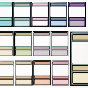 Könnte beinhalten: Ein Satz von 17 leeren Kartenvorlagen mit verschiedenen farbigen Rändern. Die Vorlagen sind in drei Reihen mit jeweils fünf Karten und einer Karte unten angeordnet. Die Karten haben einen weißen Hintergrund und einen schwarzen Rand.