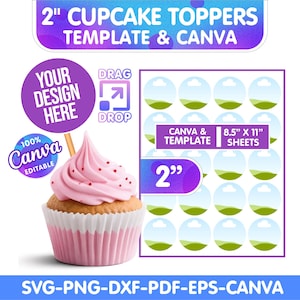 Cupcake Topper Svg, 2 inches Cupcake Topper Template, Birthday Cake Topper Template, Editable Canva Circle Label,Birthday Party Favor Topper