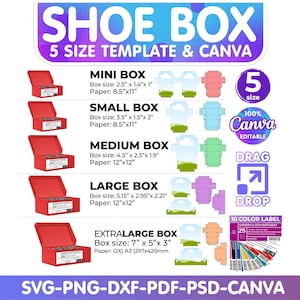 Plantilla de caja de zapatos, caja de zapatos SVG, plantilla de caja de zapatillas, plantilla de caja de zapatos SVG, mini caja, SVG para Cricut, descarga instantánea / 5 tamaños / Canva