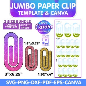 Paquete de plantillas de clip jumbo, plantilla de marcapáginas de clip de Canva, marcapáginas de clip SVG, clip SVG, Cricut, corte fácil, silueta