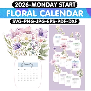 2026 Floral Calendar Monday Start | Floral Desk Calendar, Floral Calendar svg, Calendar svg, Watercolor Botanical Monthly | Digital Download