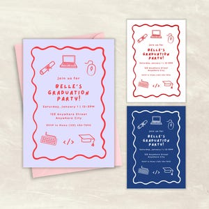 May include: A purple graduation party invitation with a red wavy border. The invitation features a laptop, a graduation cap, a scroll, a mouse, and a keyboard. The text on the invitation reads "Join us for Belle's Graduation Party! Saturday, January 1 | 12-3PM 123 Anywhere Street Anywhere City RSVP to Momo (123) 456-7890".