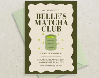 Matcha Club Birthday Party Editable Invitation Template, Matcha Club Invitation, Editable with Canva, Instant Download