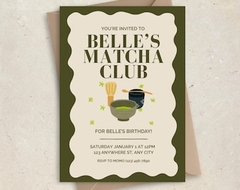 Matcha Club Birthday Party Editable Invitation Template, Matcha Club Invitation, Editable with Canva, Instant Download
