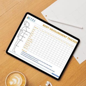May include: A black and white illustration of a person's body with lines indicating where to measure different body parts. A table with the headings "Body Part", "Month", "Week", "Day", and "Cm" is used to track body measurements.