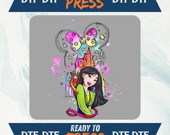 Transferência Disney Mulan DTF, camiseta Disney Warrior Princess, design de garota de conto de fadas do castelo, pronta para prensar Magical DTF para uso nas férias