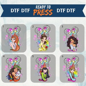 Könnte beinhalten: Eine Sammlung von sechs DTF-Transfers (Direct to Film) mit Disney-Prinzessinnen-Designs. Jedes Design enthält ein Prinzessinnenbild, ein Schloss und eine Mickey-Mouse-Kopfkontur. Der Text "READY TO PRESS" steht oben.