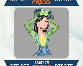 Transferência Disney Princesa Mulan DTF, Disney Park Princesa DTF, Design de camisa com laço do Mickey, Estampa fofa de princesa asiática DTF