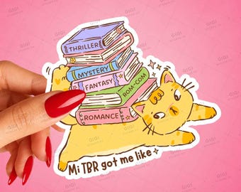Cat Reading Stacked Books Sticker, Funny Spanglish Book Lover Decal