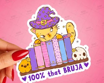 100% That Bruja Latina Witch Cat Sticker, Bookish Halloween Decal (Glossy Vinyl)