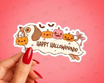 Happy Halloweenie Dachshund Sticker, Cute Wiener Dog Halloween Decal with Pumpkins