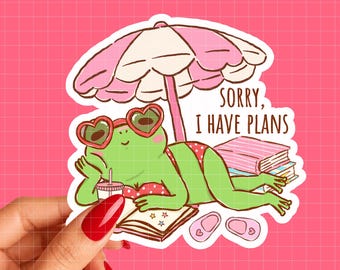 Sorry I Have Plans Reading Frog Sticker | Book Lover Sticker | Cozy Reader Vinyl Decal | Bookish Frog | Introvert Reading Gift