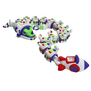 May include: A multi-segmented articulated toy snake featuring a green and purple head with white accents, followed by a series of white, green, and purple body segments, ending in a white, red, and purple rocket-shaped tail piece.
