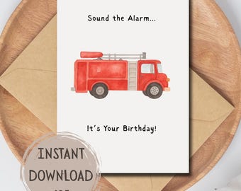 Tarjeta de cumpleaños de camión de bomberos / Tarjeta infantil de acuarela / Tarjeta de cumpleaños de camión de bomberos imprimible / Tarjeta de bombero / Descarga digital / Camión de bomberos vintage
