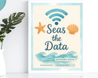 Señal de WiFi de Seas the Data / Señal de WiFi digital editable con descarga / Señal de WiFi para casa de playa / Señal de WiFi para alquiler costero / Plantilla de Canva editable