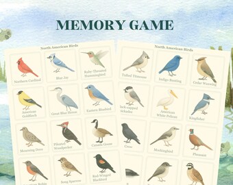 Printbaar memoryspel met Noord-Amerikaanse vogels | Vogelmatchspel voor kinderen | Natuuractiviteit voor thuisonderwijs | Vogelherkenningsspel (PDF-download)