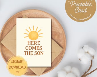 Tarjeta de baby shower "Aquí viene el hijo" / Tarjeta de baby shower "Sunshine" / Tarjeta de felicitación imprimible / Baby shower retro / Digital / Vintage Sun