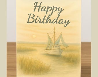 Verjaardagskaart Garnalenboot: aquarelillustratie (digitale download)
