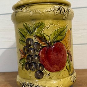 Vintage Lefton China Geo Z Cookie Jar Fruit Apple Grape Pear Ivy Round Green