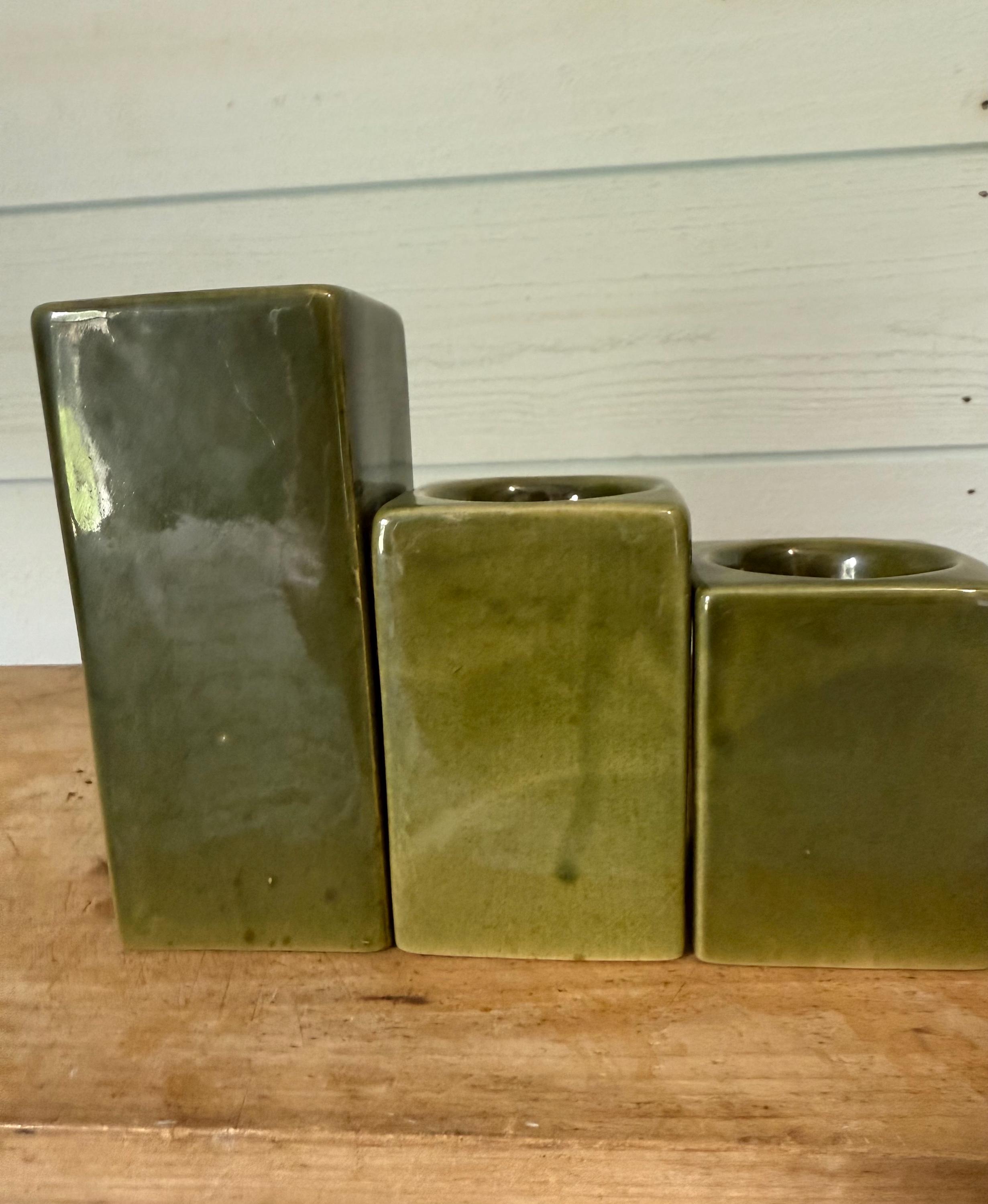 Set of 3 Green Leaf Pillar Tealight Ceramic Candle Holder Vintage  display picture 1
